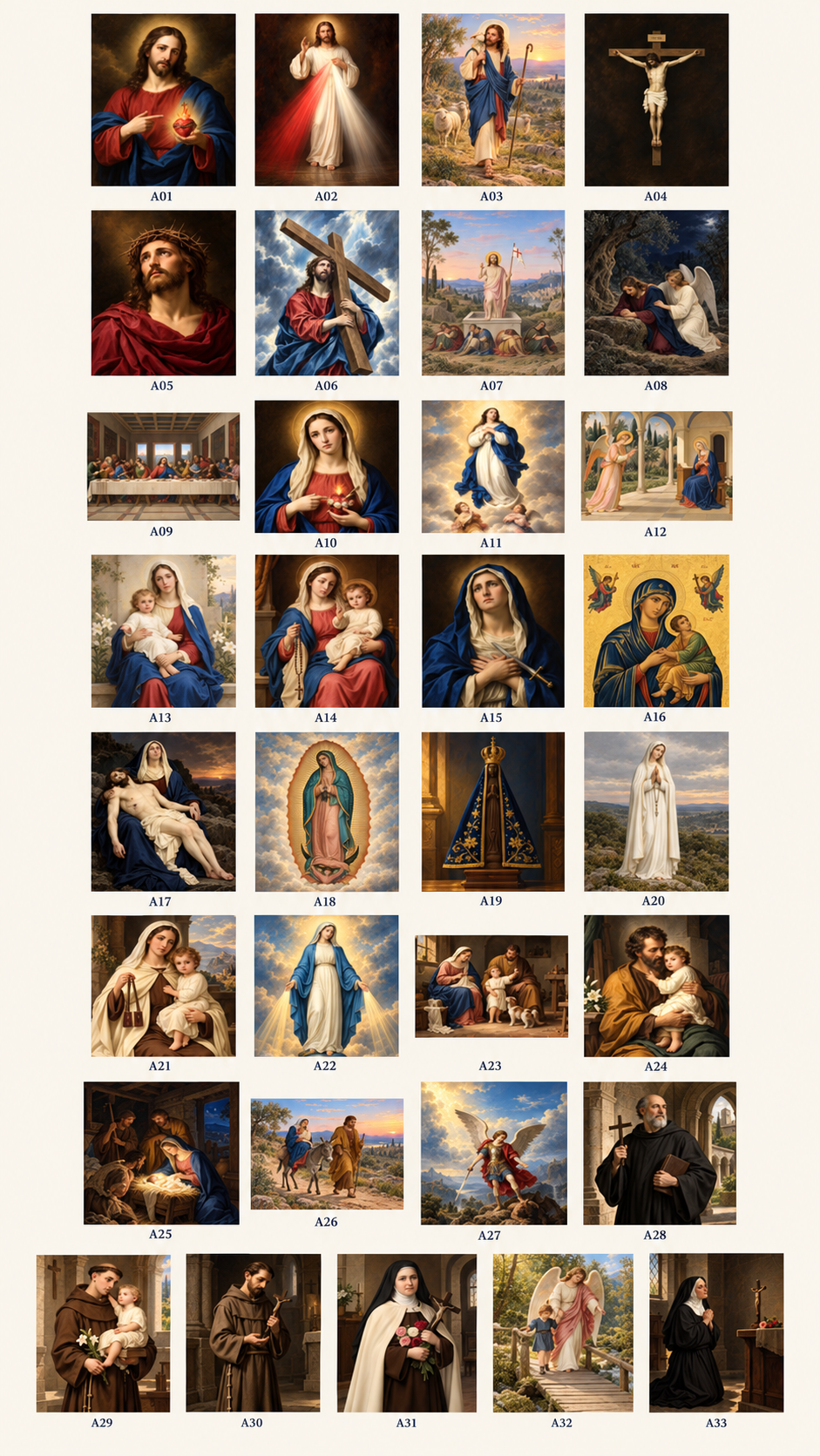 Prancha editorial com as 33 artes da coleção 33 Quadros Católicos para Imprimir.