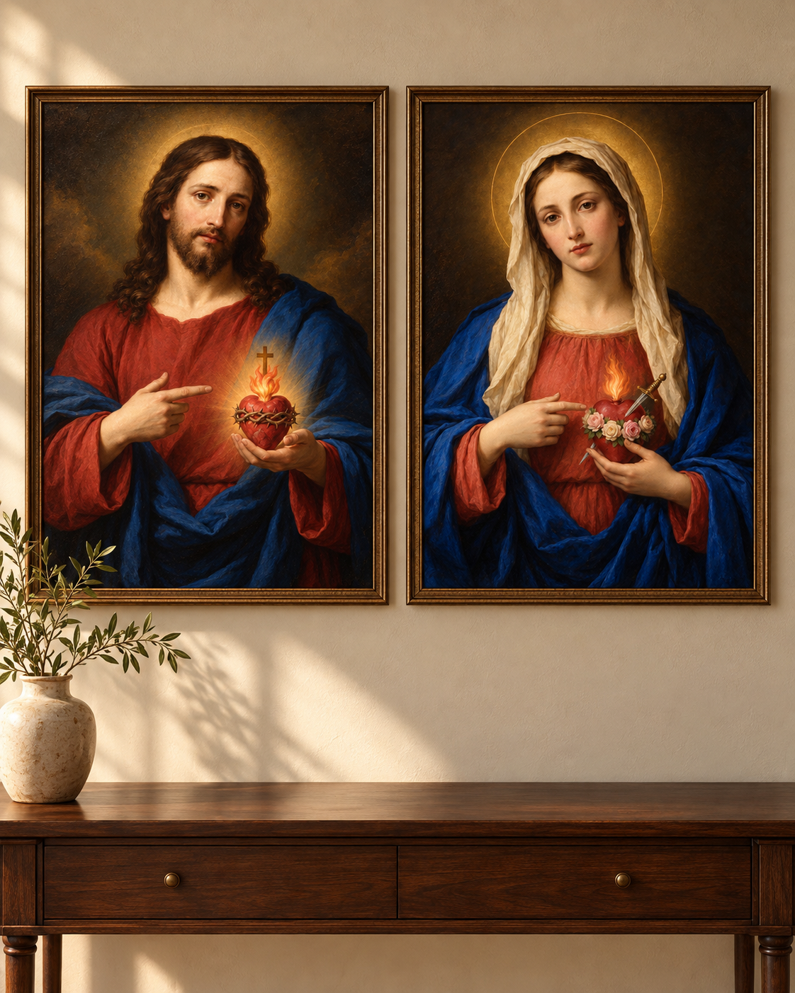 Dois quadros católicos lado a lado em uma parede residencial: Sagrado Coração de Jesus e Imaculado Coração de Maria.